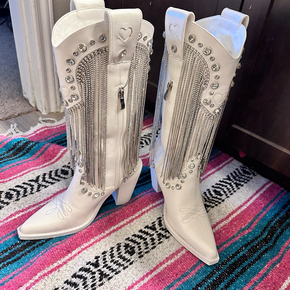 Dolls Kill White Studded Fringe Heeled Boots